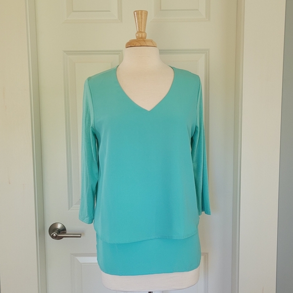 DG2 Diana Gilman V Neck 3/4 Sleeve Layered Turquoise Blouse. Size M - Picture 5 of 10